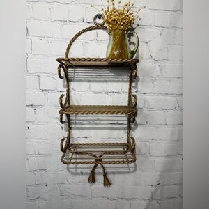 Vintage Hollywood Regency style twisted rope design 3-tier gold tone metal shelf